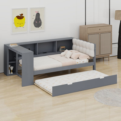 Multi-Functional Platform Bed Featuring Storage Shelves, Hidden Trundle,  and Upholstered Headboard
