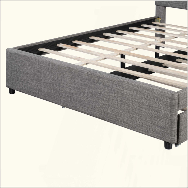 Lit plateforme tapissier avec tête de lit et lit gigogne à motif brique