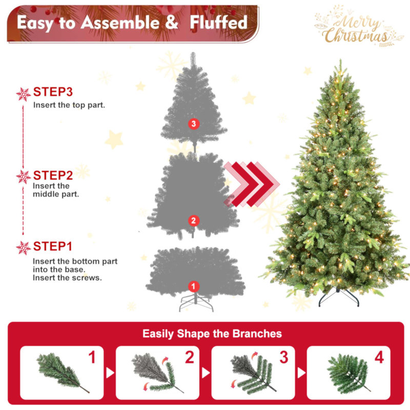 Arbre de Noël illuminé 7 pi avec 450 lumières chaudes UL, 1875 pointes PE + PVC, branches articulées pour une installation facile et support en métal robuste