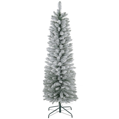 6Ft Artificial Pencil Christmas Tree With 329 Snow Flocked Tips, Metal Base, Realistic Xmas Tree