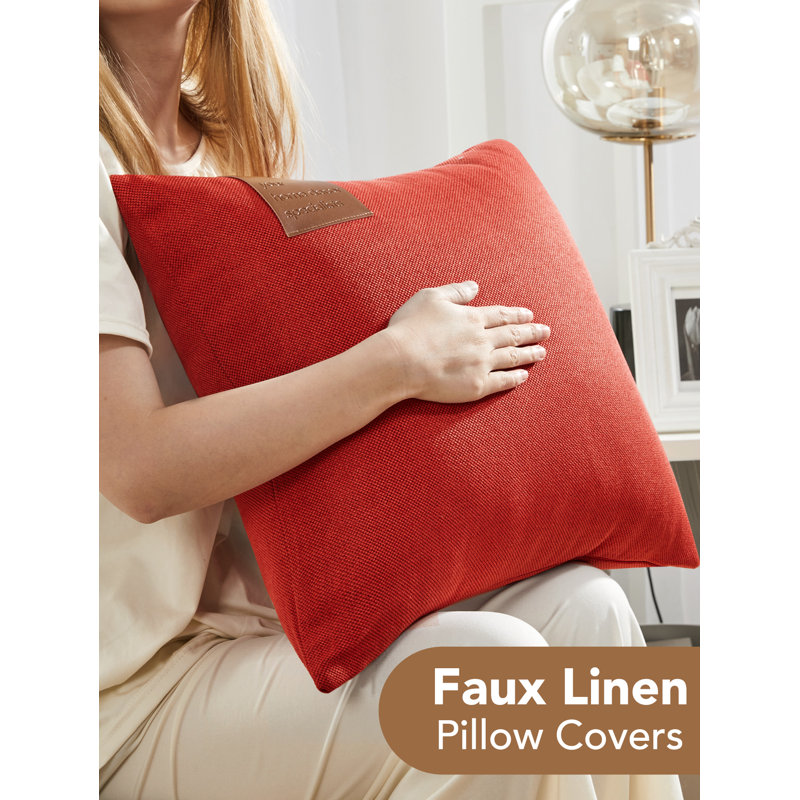 Decorative Solid Pillow Covers with Leather Label (Set of 2), 16"H x 16"W, Red