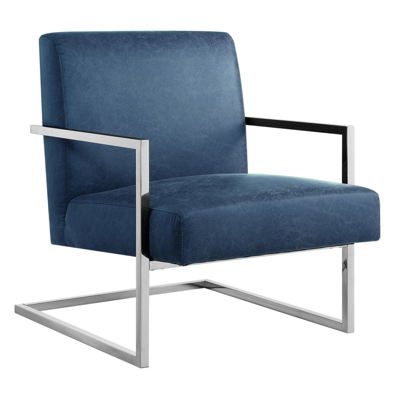 Fauteuil d'appoint carré en cuir Chester avec structure en acier inoxydable Chester, Chrome, Similicuir bleu marine