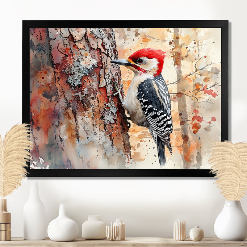 Pic dans la forêt - oiseau, art mural, Cadre simple, Noir, H 30 po x l 40 po