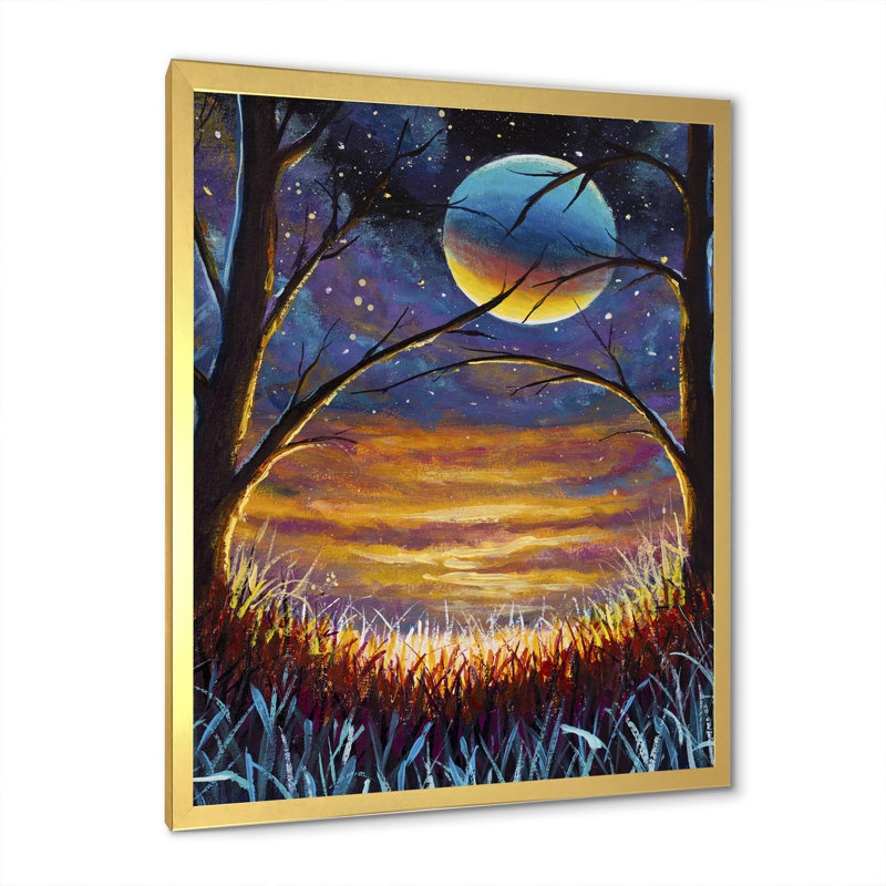 Nuit fantaisie lune - peinture, H 32 po x l 16 po x P 1 po, Toile avec cadre photo doré