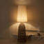 Le salon est orné d'une lampe sur pied en rotin et en lin, avec un abat-jour