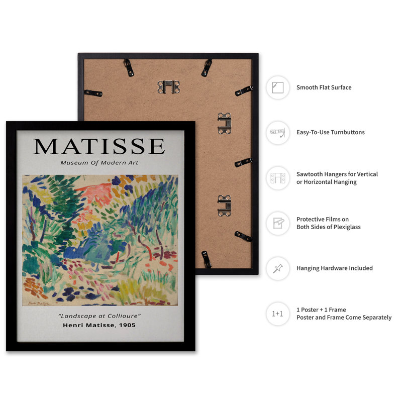 Henri Matisse - Paysage à Collioure, H 11 po x l 14 po, Affiche, Cadre noir