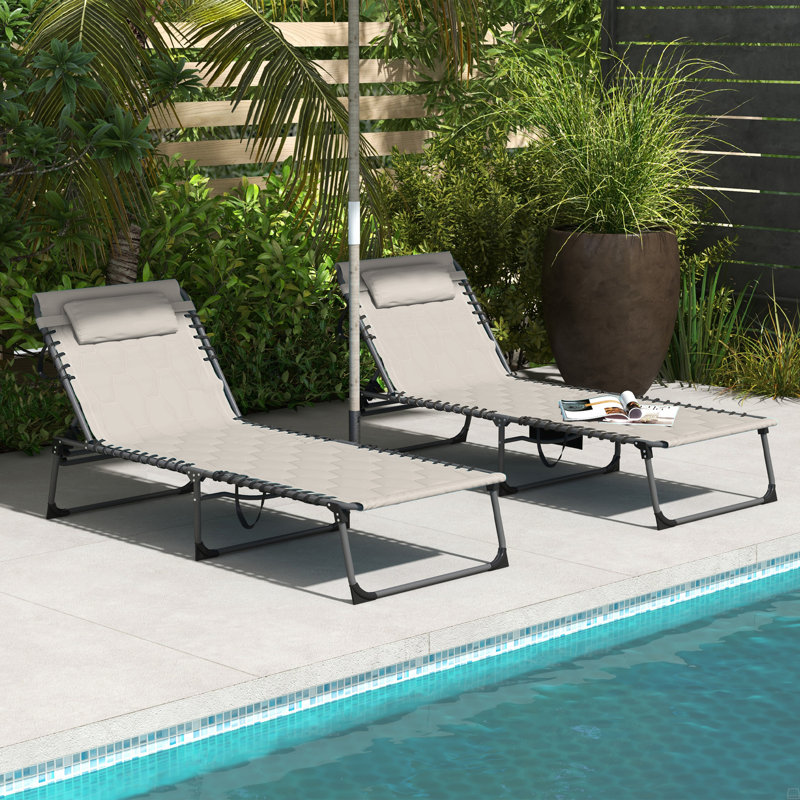 Folding Chaise Lounge Set With 5-Level Reclining Back, Outdoor Lounge Tanning Chair With Padded Seat, Side Pocket & Headrest