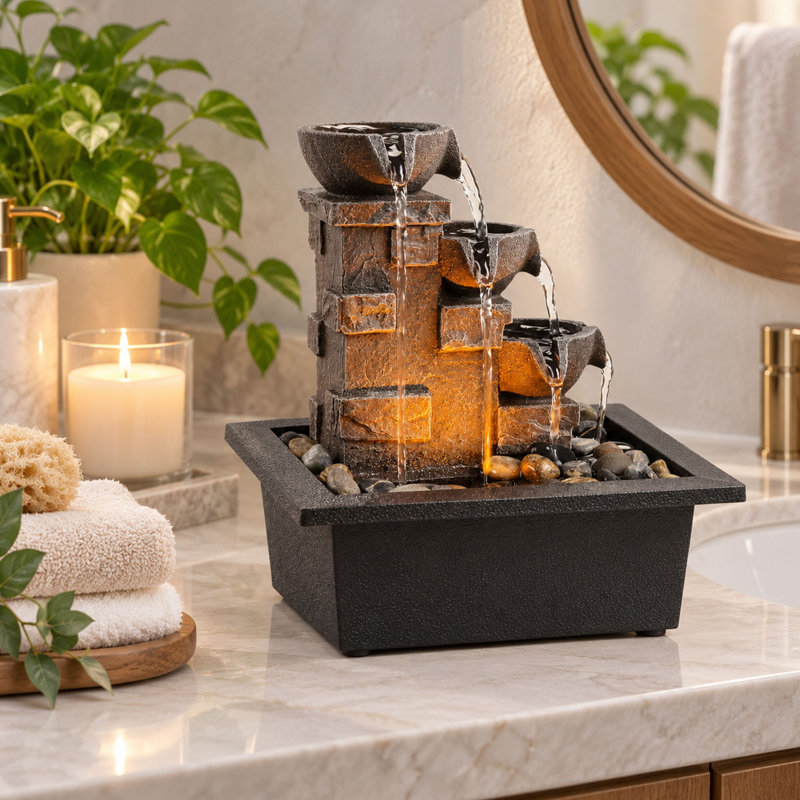 Fontaine à eau de table à 3 niveaux de 23,5 cm (9,25 po) avec lumières DEL et galets de rivière