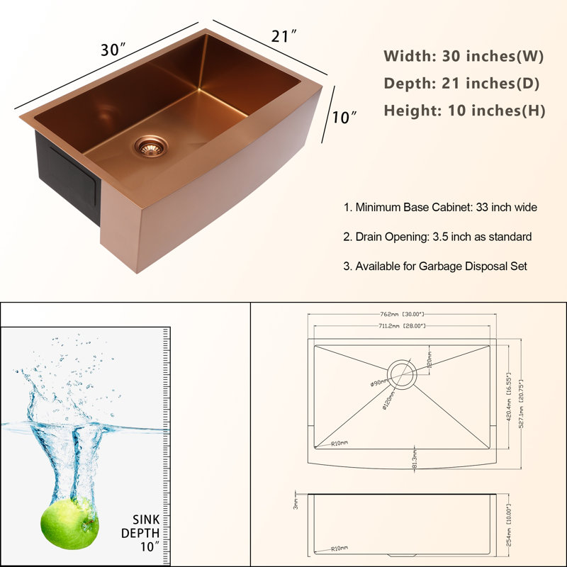 30'' L x 21'' W Farmhouse Stainless Steel Single Bowl Kitchen Sink with Sink Grid, Strainer and Roll-up Rack, Rose Gold