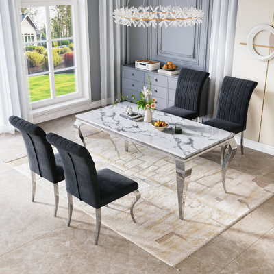 Rectangular Marble Dining Set, 70" Modern White Faux Marble Table With Polished Stainless Steel Base And Upholstered Chairs