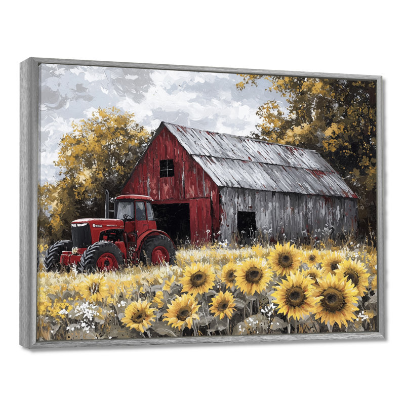 Dorea Country Side Sunflowers with Tractor Farm IV - ferme, art mural, Argent argent, Impression encadrée flottante