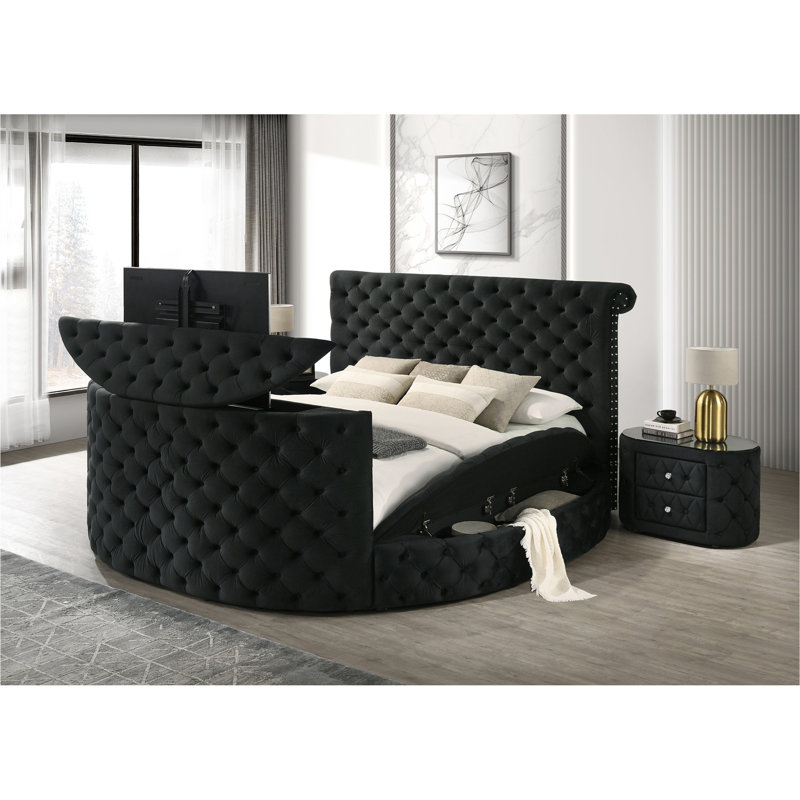 Luxurious Queen Bed with Tufted Headboard, Nailhead Trim, Black Velvet Footboard, TV Lift & Fireplace, Black, Queen
