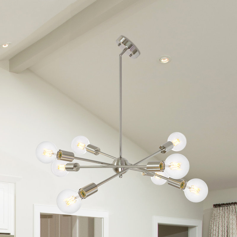 Lustre spoutnik 8 lumières avec bras réglables, Nickel brossé