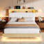 Structure de lit double avec tête de lit tapissier en velours à 2 niveaux, structure de lit plateforme en bois avec station de charge et lumières à DEL, naturel-1046032266-1046032267