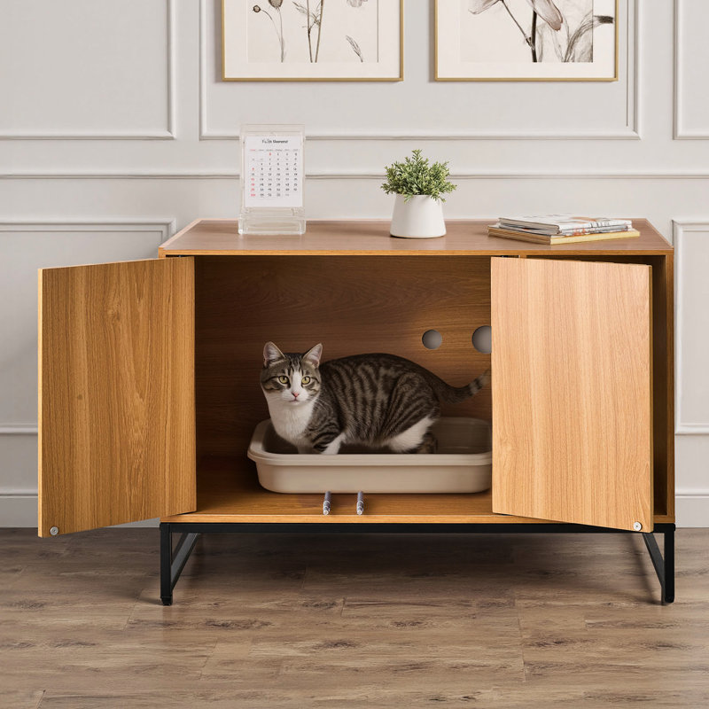 Enclos pour chat 31,5 po avec lit à griffes et panneau imperméable pour chambre à coucher, confinement des odeurs, compartiments spacieux, crochet de rangement, salle de bain, isolation, table de bout
