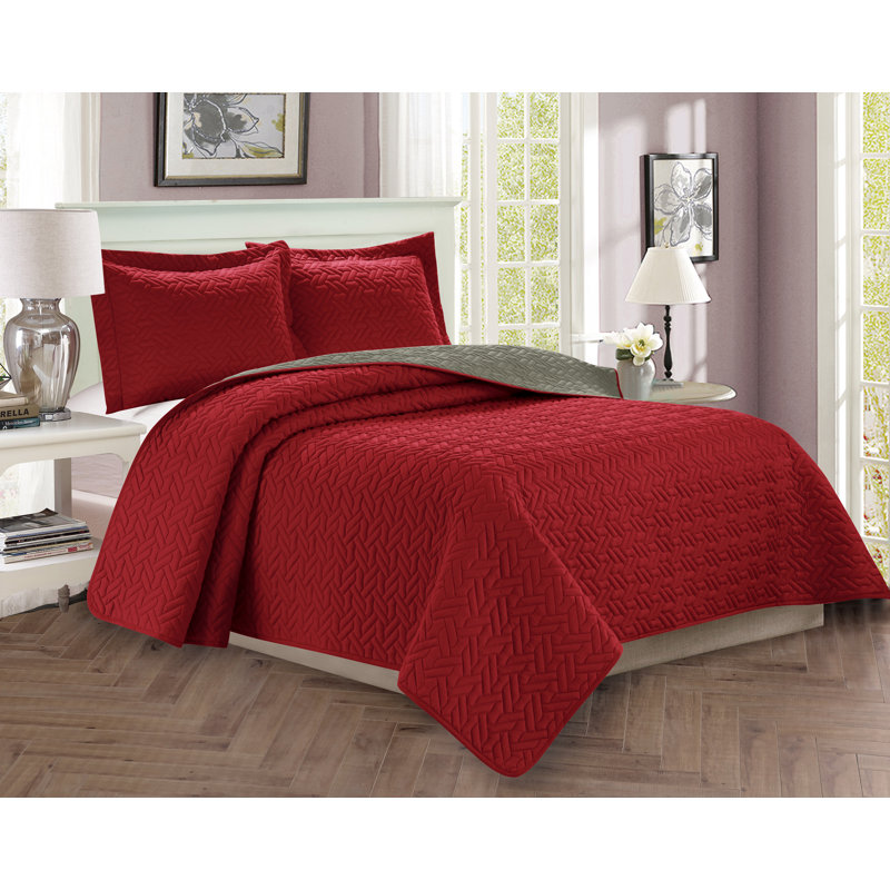 Mcdougall Polyester Coverlet, Twin Comforter + 2 Shams, Burgundy/Gray
