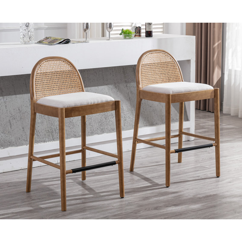 Beige 30-Inch Wood Bar Stools with Rattan Backrest, Set of 2