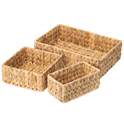 Handcrafted Natural Water Hyacinth Rectangular Wicker Baskets - Set Of 3 Rustic Storage Bins For Kitchen, Bathroom, Living Room - 9.05"D X 14.17"W X 3.93"H