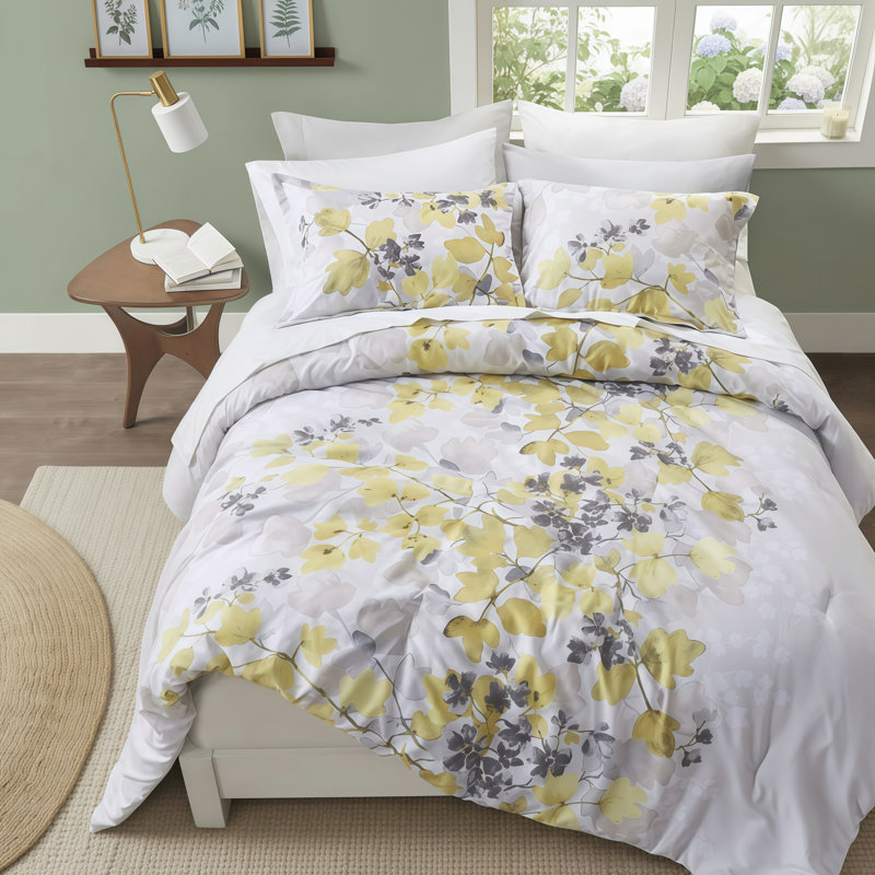 9-Piece Set, Great Value! Queen-Size Yellow Botanical Print Duvet Set, Includes Sheet And Side Pockets., Yellow