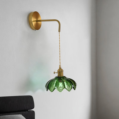 Curved Arm Brass Wall Sconce With Adjustable Drop And Milky Green Glass Shade