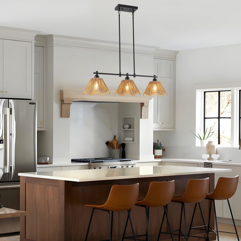 3-Light 35 in Farmhouse Rustic Kitchen Island Pendant Light, Natural Hand-Woven Rattan Hemp Shade, Modern Linear Chandelier