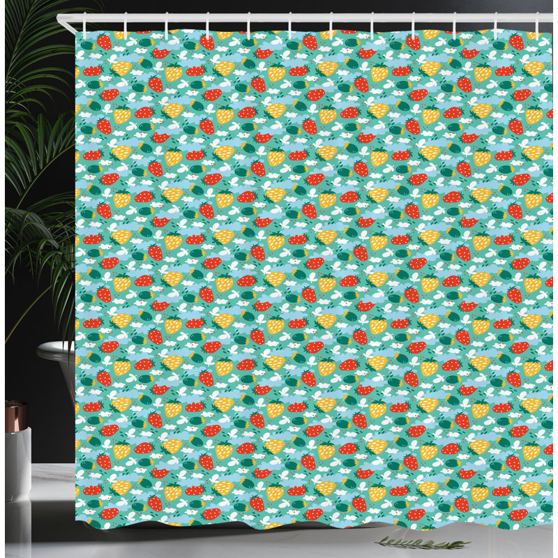 Dakota Fields Strawberry Shower Curtain Doodle Fruit Pattern Multicolor, 70"H x 69"W