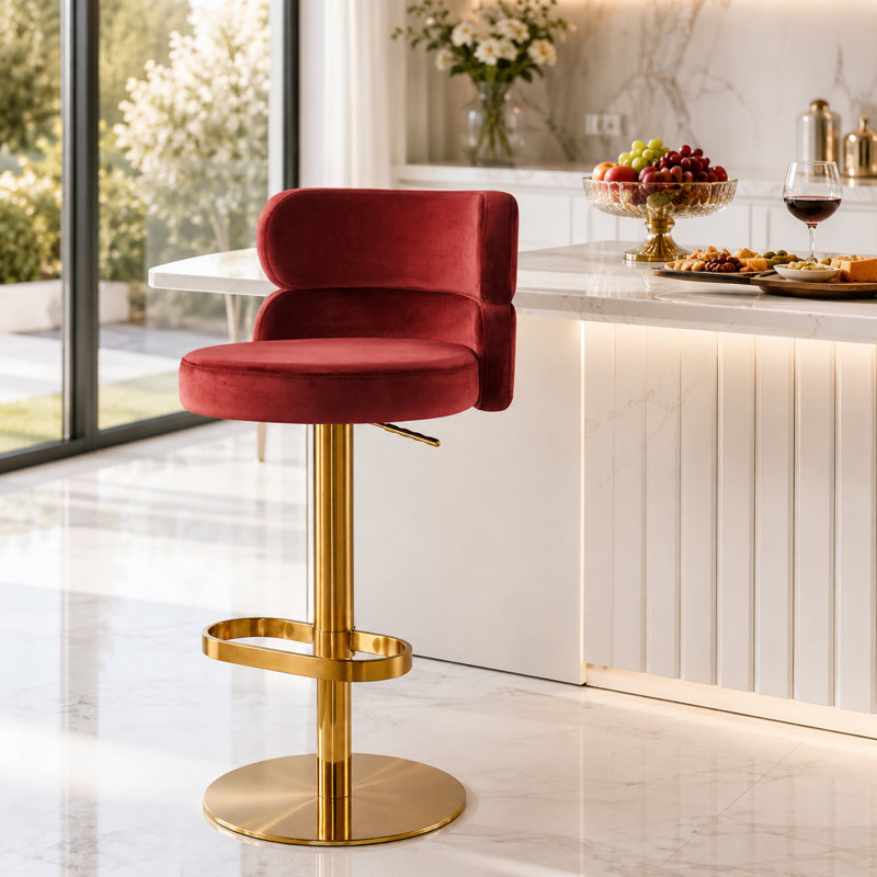 Tabouret de bar pivotant à hauteur réglable avec dossier incurvé et repose-pieds, Red Seat/Gold Frame