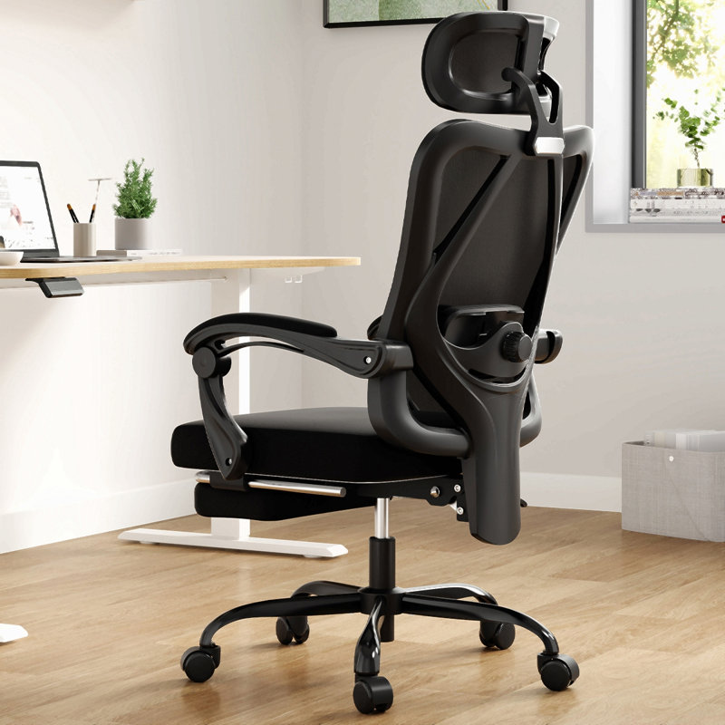 Chaise de bureau ergonomique avec repose-pieds, chaise de bureau en filet avec appui-tête, chaise d'ordinateur à haut dossier avec support lombaire réglable pour la chambre d'étude de bureau à domicile, noir