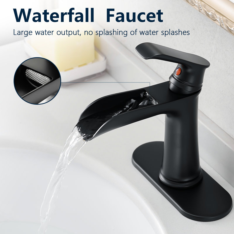 Contemporary Bathroom Waterfall Faucet, Deck Plate Included, Black Matte, Pop Up Drain, Supply Lines, One Handle , Geometric Look, Cartridge Valve Black, Shape, Side Function