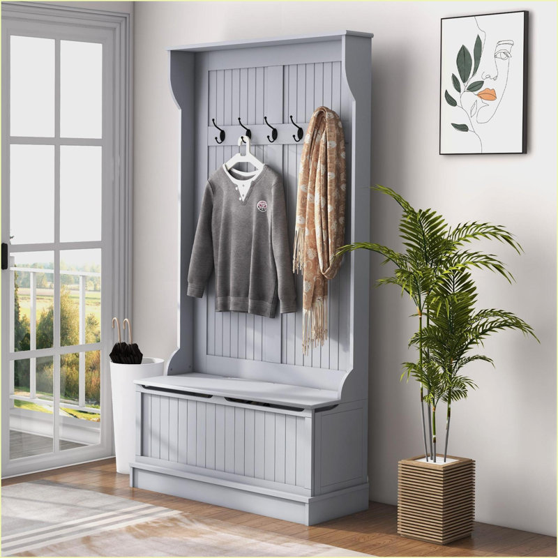 Portemanteaux 3-en-1, portemanteau, banc de rangement 38 po avec 4 crochets Rangement pour chaussures | Gris | Portemanteaux