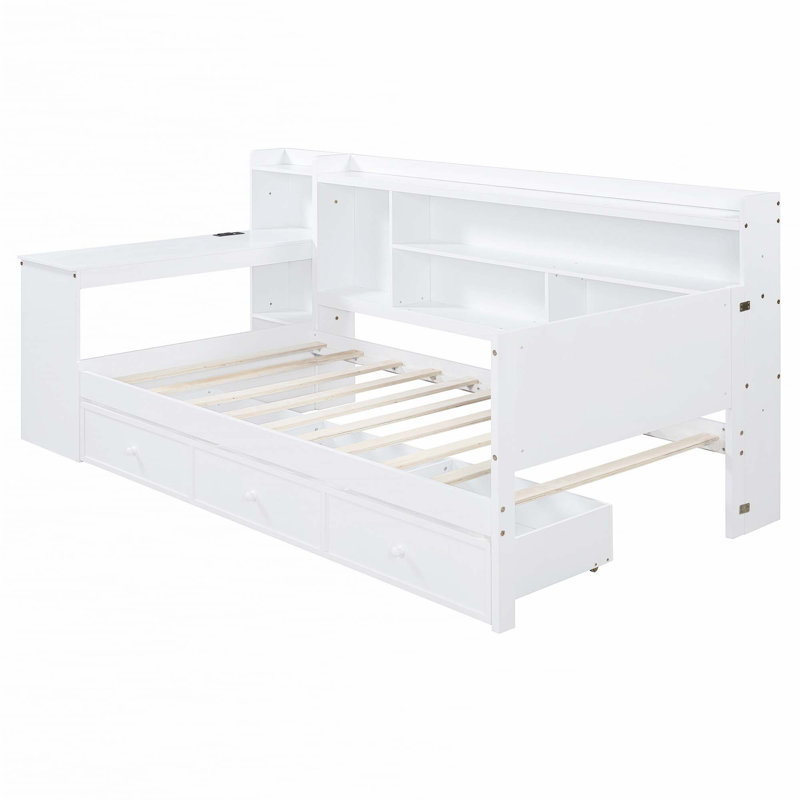 Lit de jour en bois avec 3 tiroirs, ports USB et bureau, Lit simple, Blanc