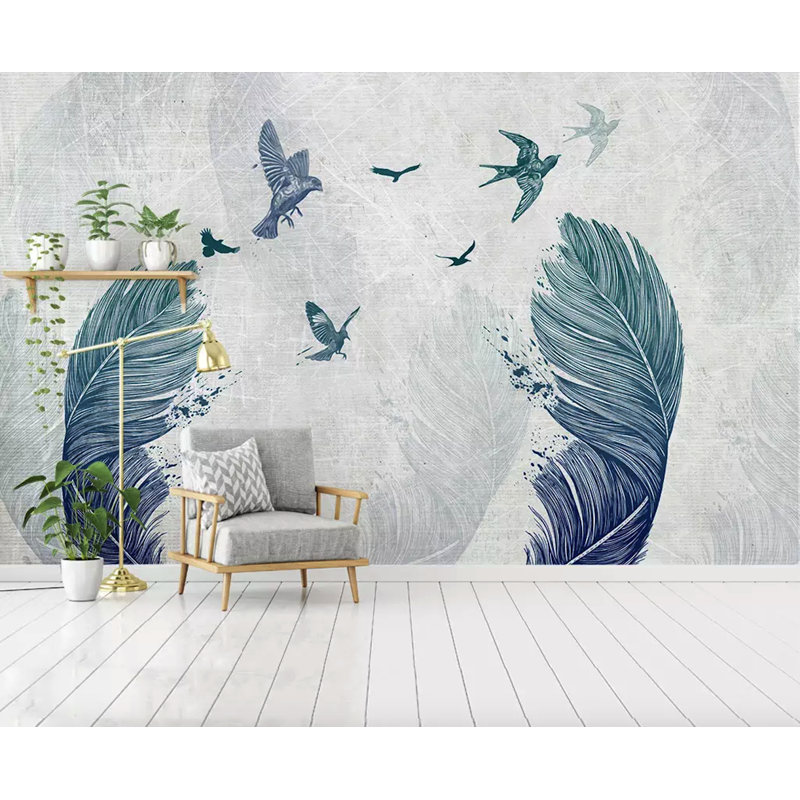 Adhésif mural plume monochrome avec oiseaux, L 6,25 pi x l 9,33 pi