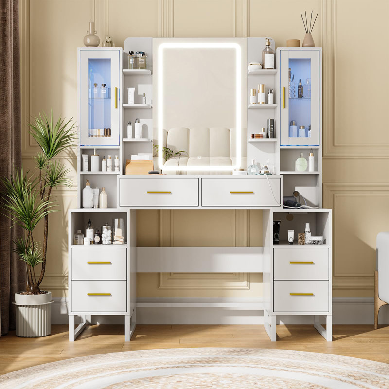 Large Makeup Vanity Desk With 2 Rgb Cabinets And Power Outlet
