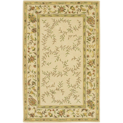 Frias Authentic Hand-Tufted Handmade Cream & Sage Green Traditional French Country Botanical Wool Area Rug