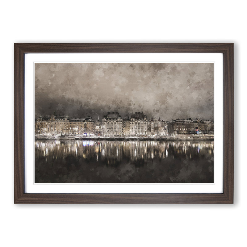 Reflection of Stockholm in Sweden - Picture Frame Painting Print, 45cm H x 63cm W x 2cm D, Walnut Framed