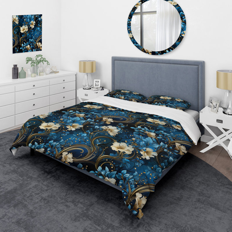 Literie Cobalt Blue Nouveau Vines Victorian, Housse de couette pour très grand lit et 2 très