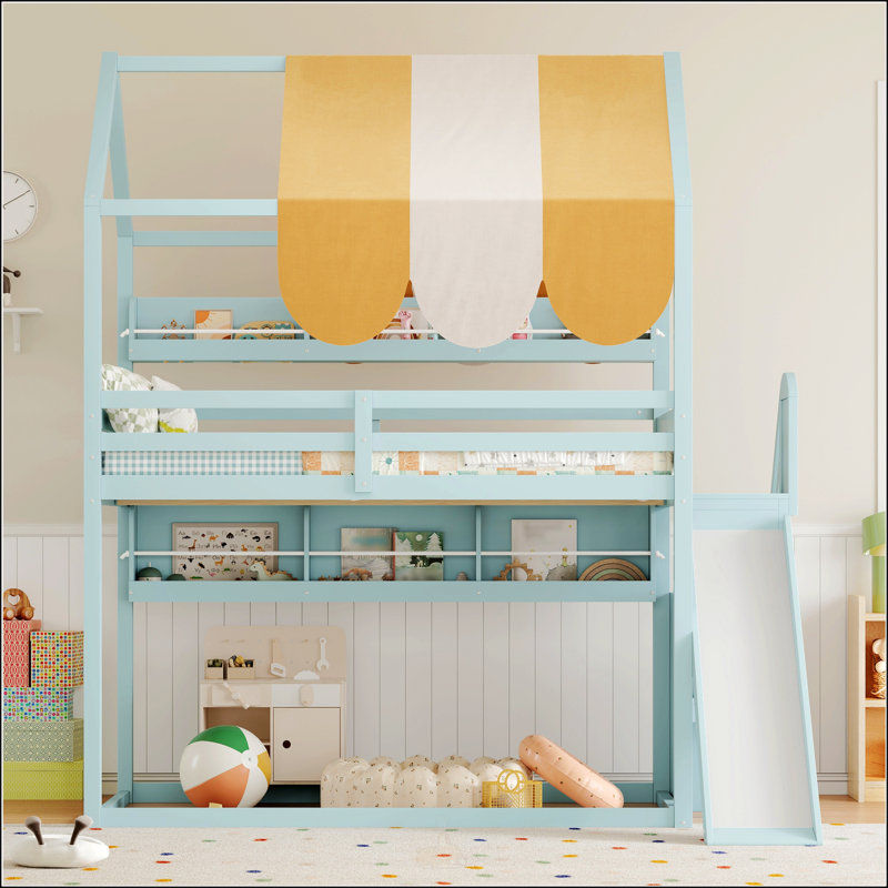 Lit superposé double avec auvent de style maisonnette, glissoire et bibliothèque intégrée pour enfants et adolescents