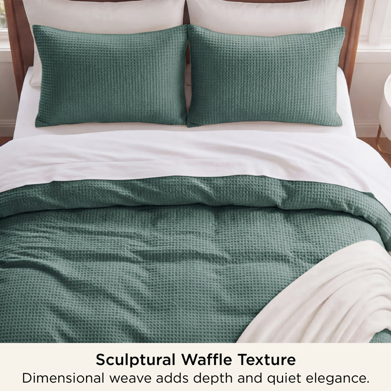 Essential Collection 100% Cotton Waffle Weave Duvet Cover Set, Queen Duvet Cover + 2 Standard Shams, Forest Green