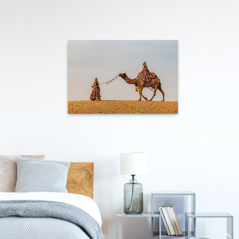 Traditional Desert Camel Ride Colorful Peaceful Serene Landscape Nature Wall Art Print 1 Piece Wrapped Canvas Wall Art