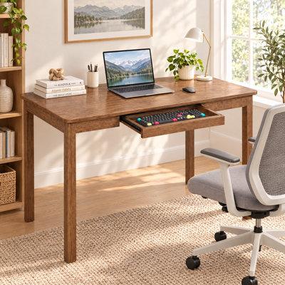 48-Inch Walnut Solid Wood Desk with Keyboard Tray - Modern Simple Writing/Computer Table for Home Office & Small Spaces