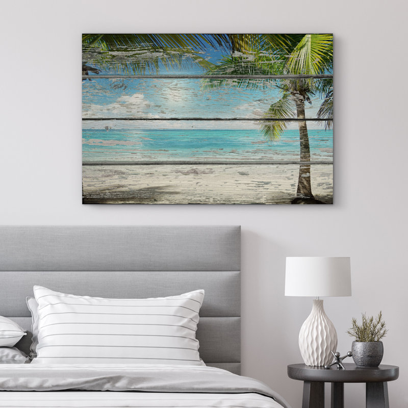 IDÉE 4 WALL - Reproduction d'art sur toile - Plage tropicale avec palmier sur fond en bois rétro - 12 po x 18 po