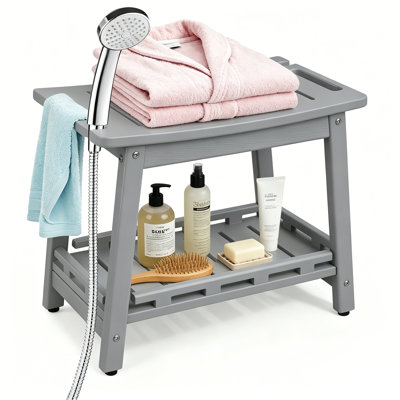 Banc de douche en PEHD avec tablette de rangement - Siège de bain imperméable à 2 niveaux avec support pour pomme de douche, tablette de garde-corps et quincaillerie en acier inoxydable 304 pour la douche intérieure, le spa et le patio