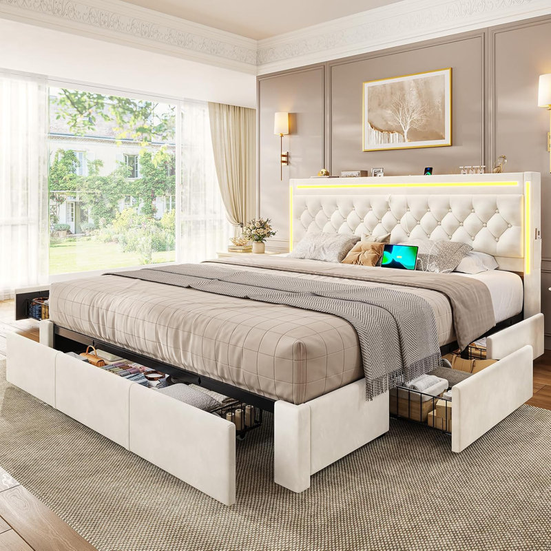 Beige Bed Frame With 5 Xl Storage Drawers, King, Beige Velvet