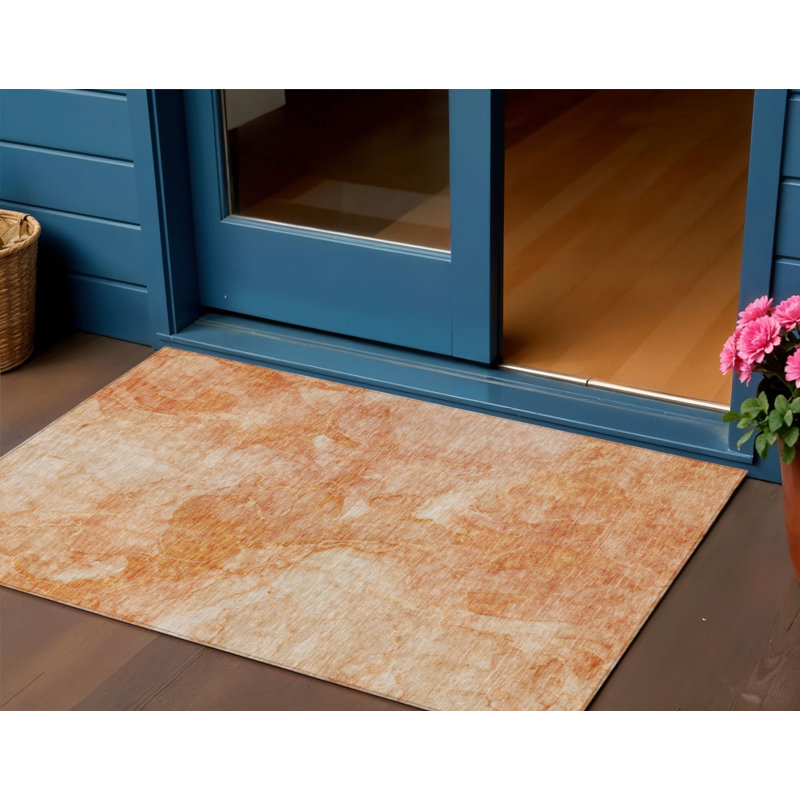 3' X 5' Salmon Peach And Ivory Nautical Washable Indoor Outdoor Area Rug