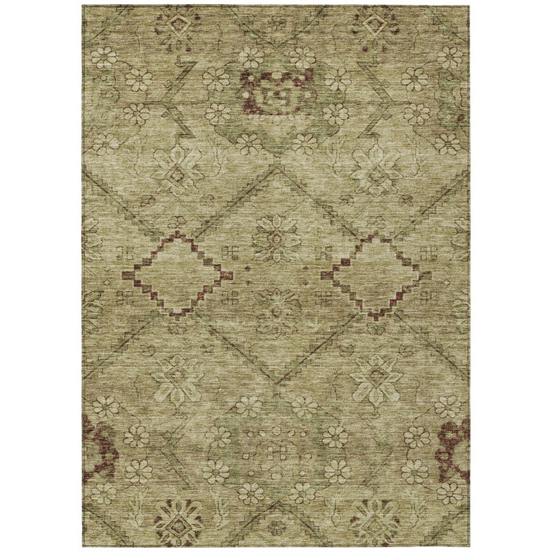 3' X 5' Beige Floral Washable Indoor Outdoor Area Rug