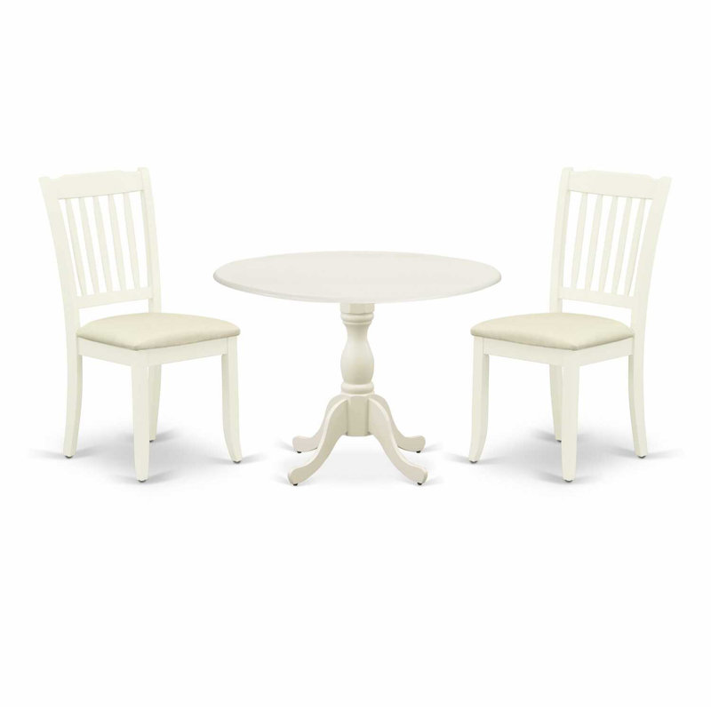 L'ensemble 3 pièces de table et chaises de cuisine contient une table de salle à manger ronde avec Dropleaf et 2 chaises de salle à manger en tissu de lin, 42 x 42 pouces, lin blanc