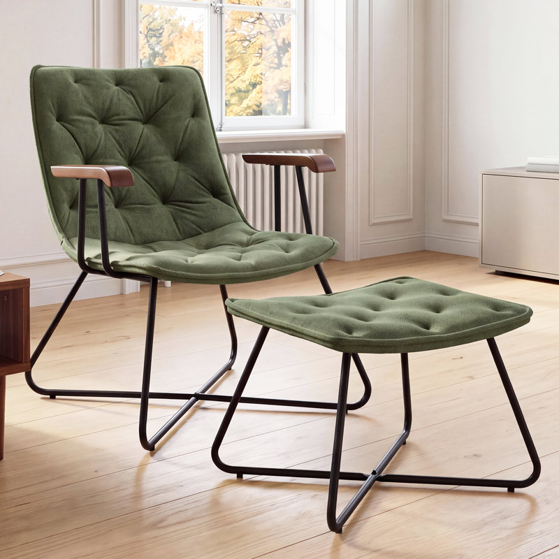 Mid-Century Chenille Upholstered Accent Chair with Ottoman Set, Ergonomic Lounge Chair with Wood Armrest & Metal Frame, Tufted Leisure Chair for Living Room Bedroom