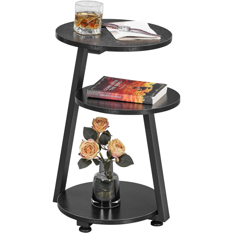 Round End Table Side Table with Metal Frame, Accent Bedside Table Nightstand with 3-Tier Shelves, Black, Black
