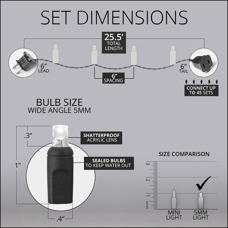 25' 50-Light Shatterproof Wide Angle LED Mini String Lights (End to End Connectable), Green