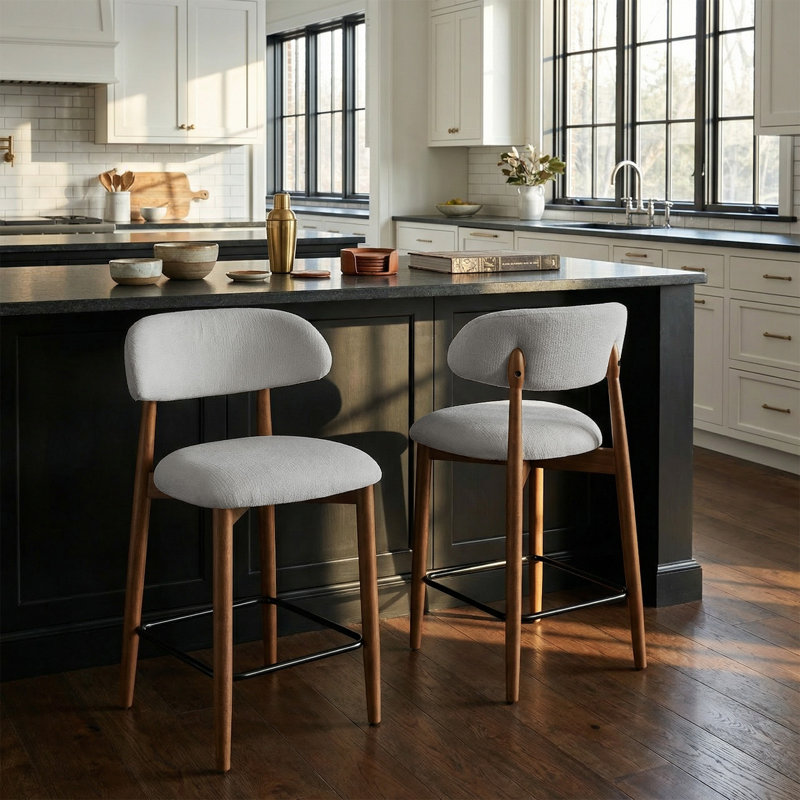 Upholstered Solid Wood Barstool Chair, Light Grey